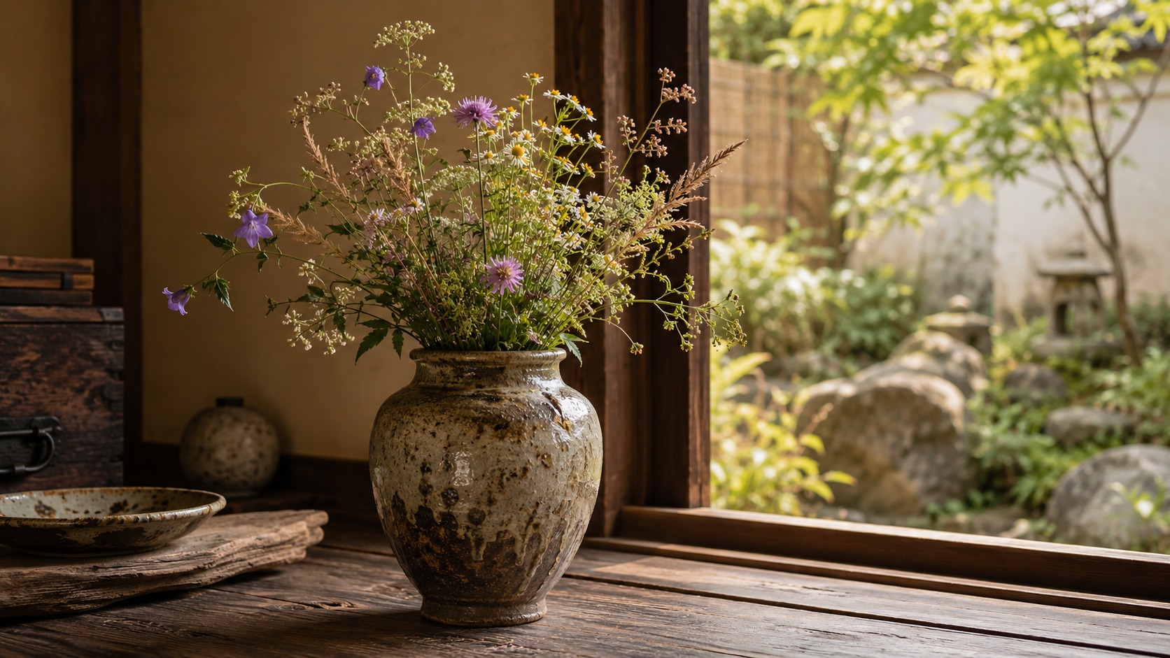 Wildflowers in an old vase near a Japanese garden